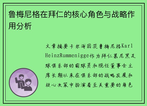 鲁梅尼格在拜仁的核心角色与战略作用分析